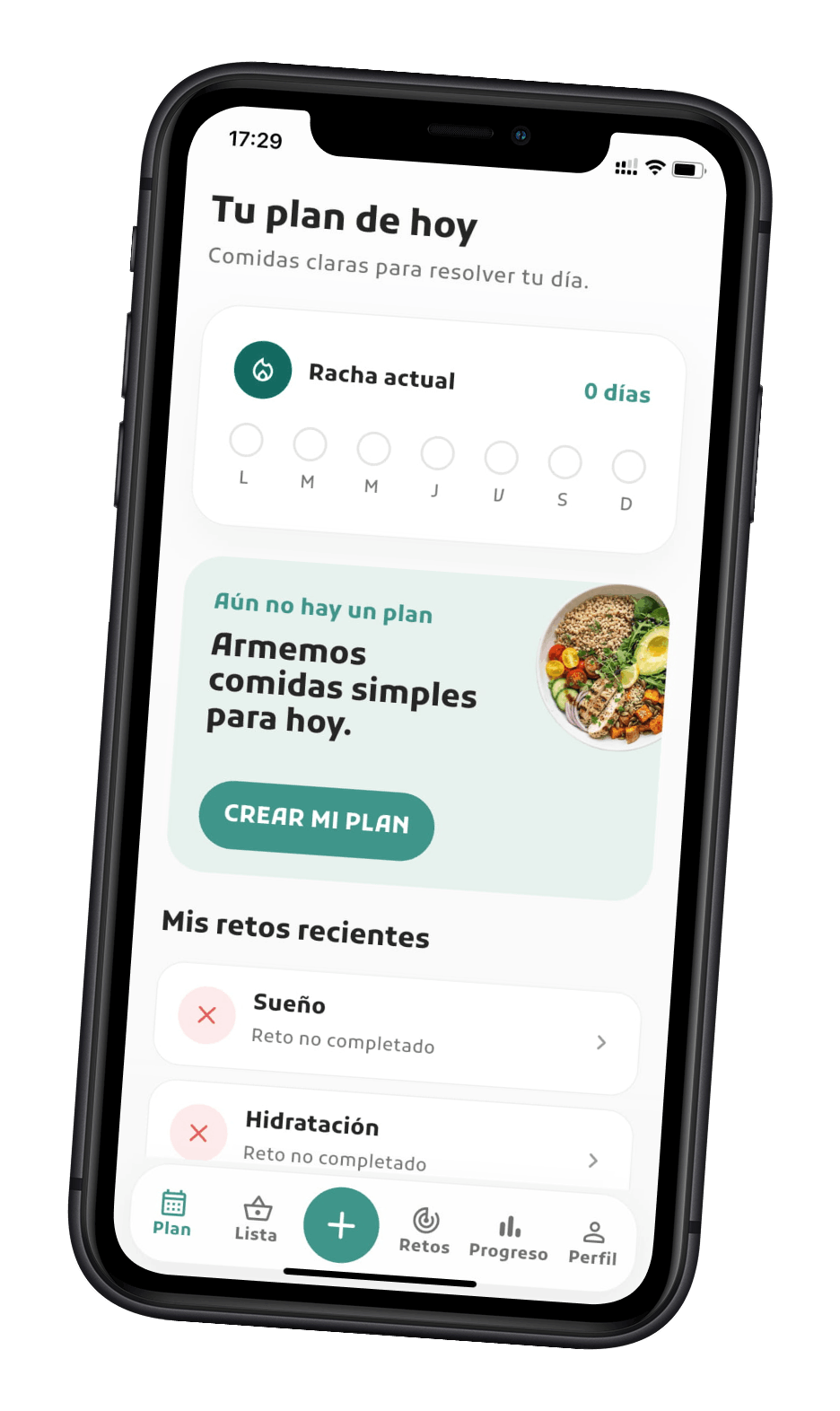 ClaroSano mostrando el plan de comidas del día en iPhone